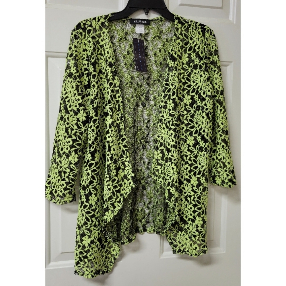 Ashley Blue Chartreuse Black Floral Lace Kimono Open Front Cardigan Small S NEW